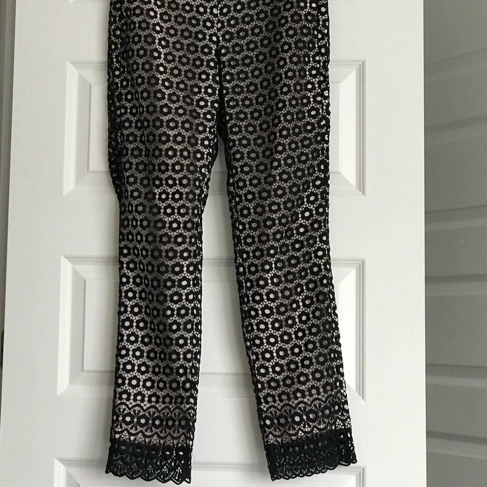 J Crew cream pants with black lace overlay